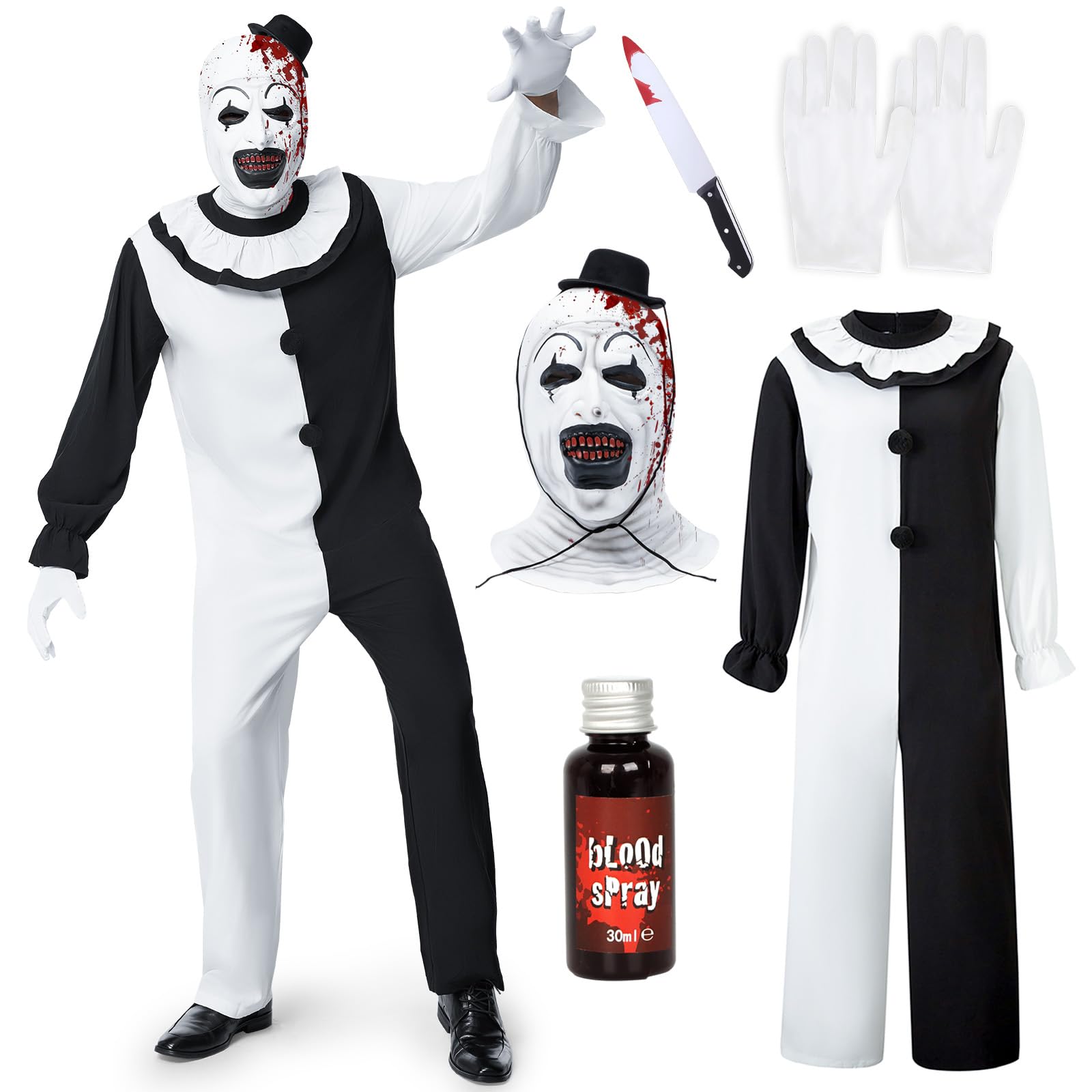 Costume Art the Clown Uomo, Costume Clown Horror Halloween Kit di Travestimento Clown Terrifier Uomo con Tuta Bianca Nera e Maschera Cappello Clown Terrifier per Halloween Carnevale