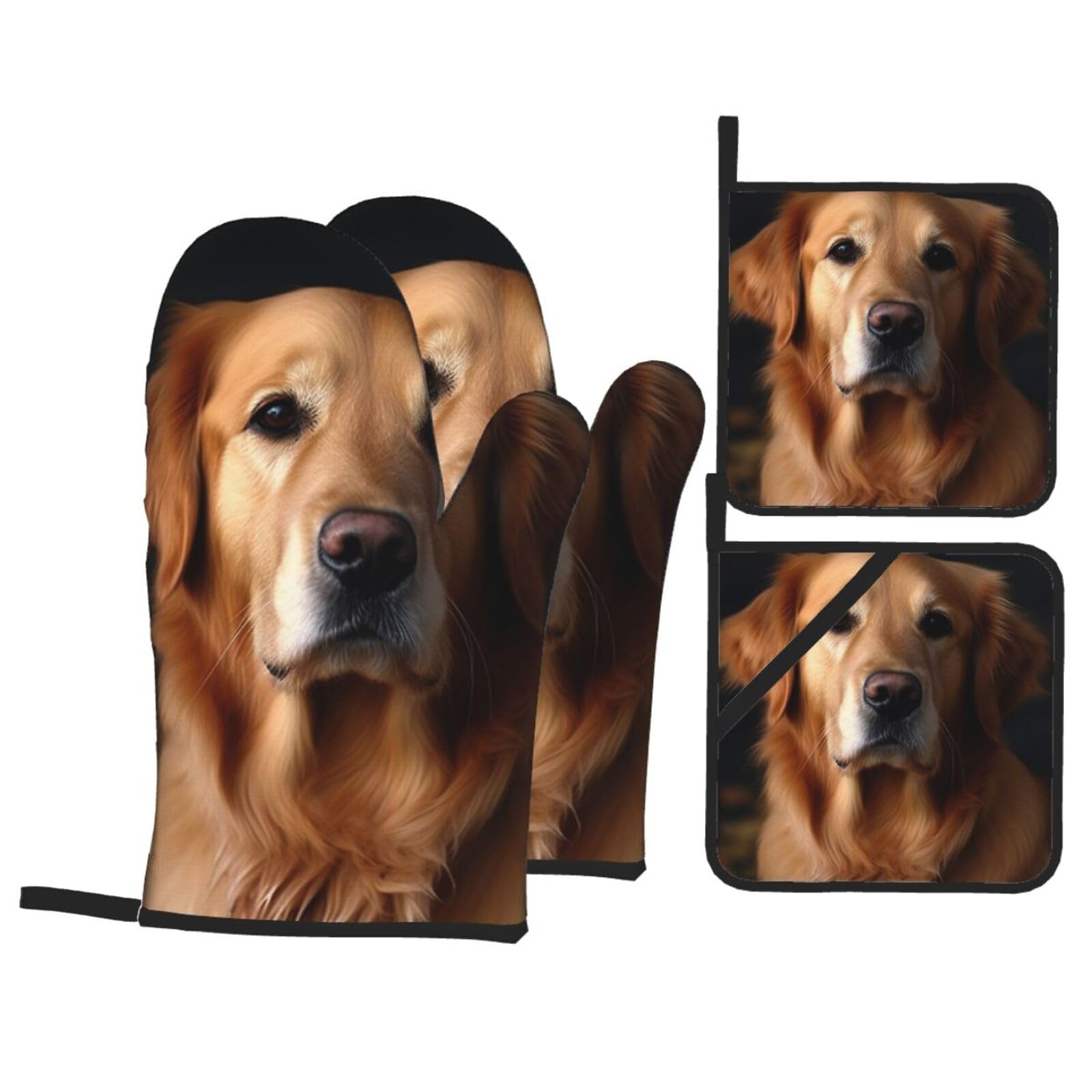 4 Piece Oven Mitts and Pot Holders Set Heat Resistant Oven Gloves and Potholders BBQ Gloves Hot Pads Golden Retriever Cooking Gloves for Kitchen Baking Grilling
