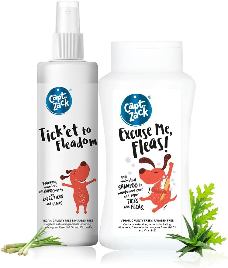 Captain Zack Combo | Tick’et to Fleadom Dry Shampoo-250ml + Excuse Me Fleas Dog Shampoo-200ml