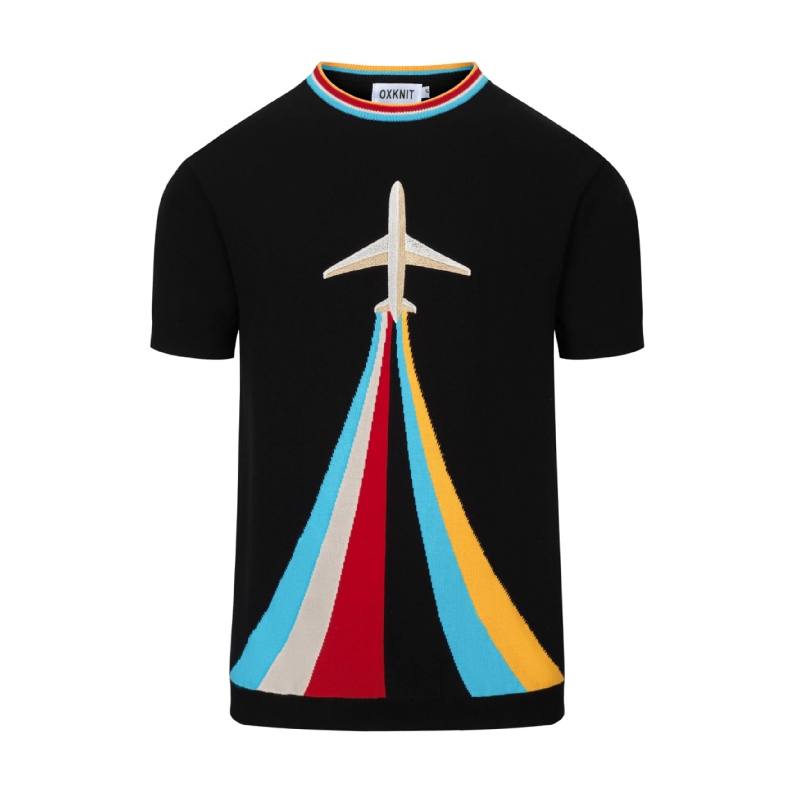 OXKnit - Camiseta de punto retro para hombre, manga corta, camiseta de verano con estampado abstracto de avión, informal, para hombre, color negro