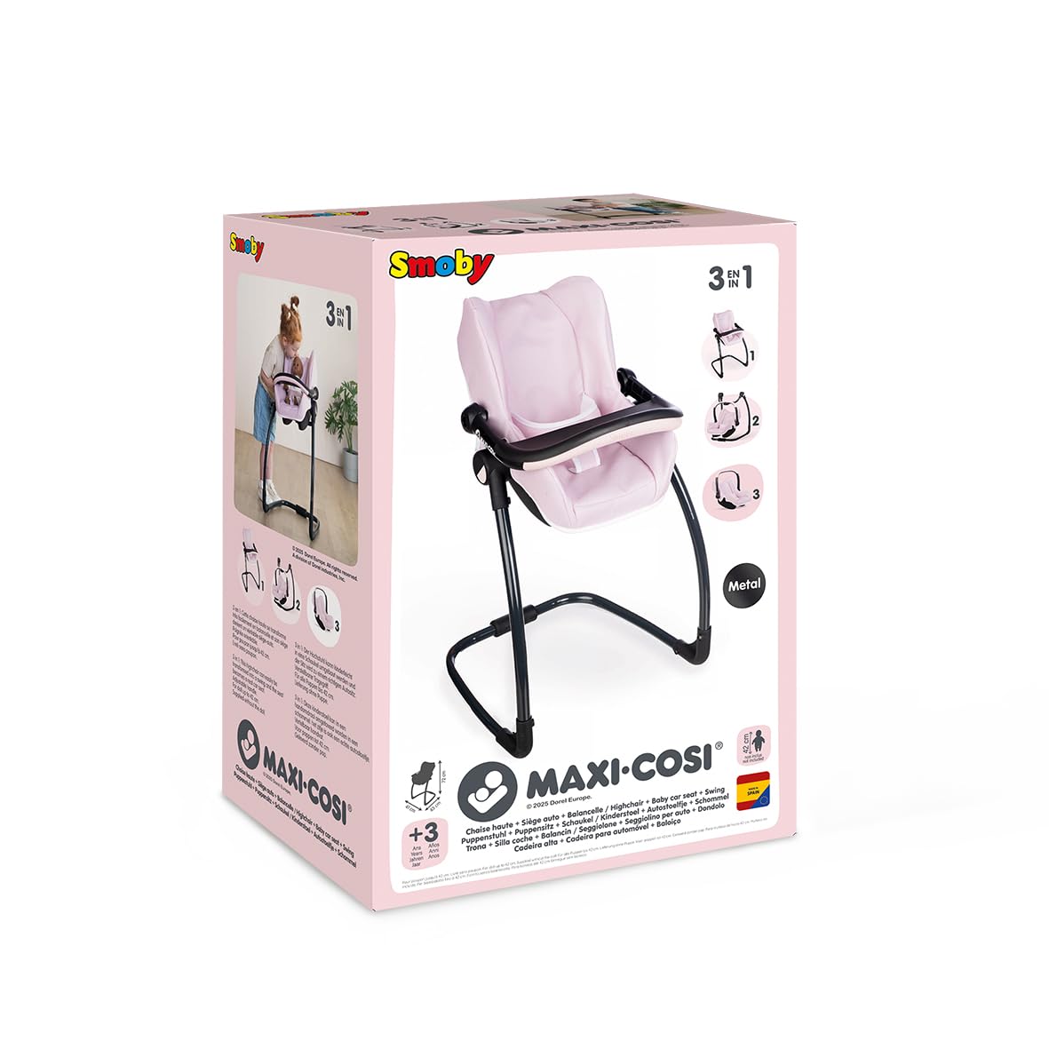 Smoby - Maxi-Cosi - Siège et Chaise Haute Rose - pour Poupons Jusqu'à 42 cms - Jouet d'Imitation - Tablette, Balancelle, Siège Auto - A Partir de 3 Ans - Fabrication Espagnole