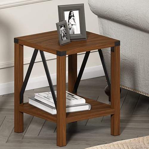 Treocho Farmhouse End Side Table, Rustic Vintage Nightstand With Shelf For Living Room, Bedroom, Walnut #TOP7