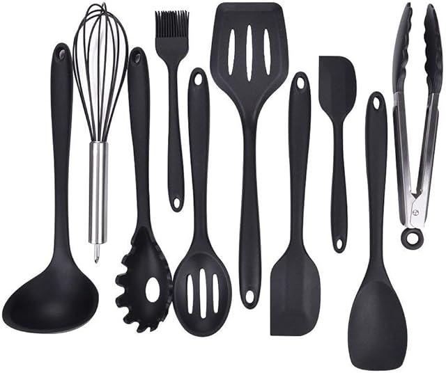 BigTree 10Pcs Silicone Kitchen Utensils Set, Silicone Heat Resistant Non Stick Easy To Clean Cooking Tools Baking Utensils Soup Spoon, Spatula, Tongs, Kitchen Gadgets Utensil Sets
