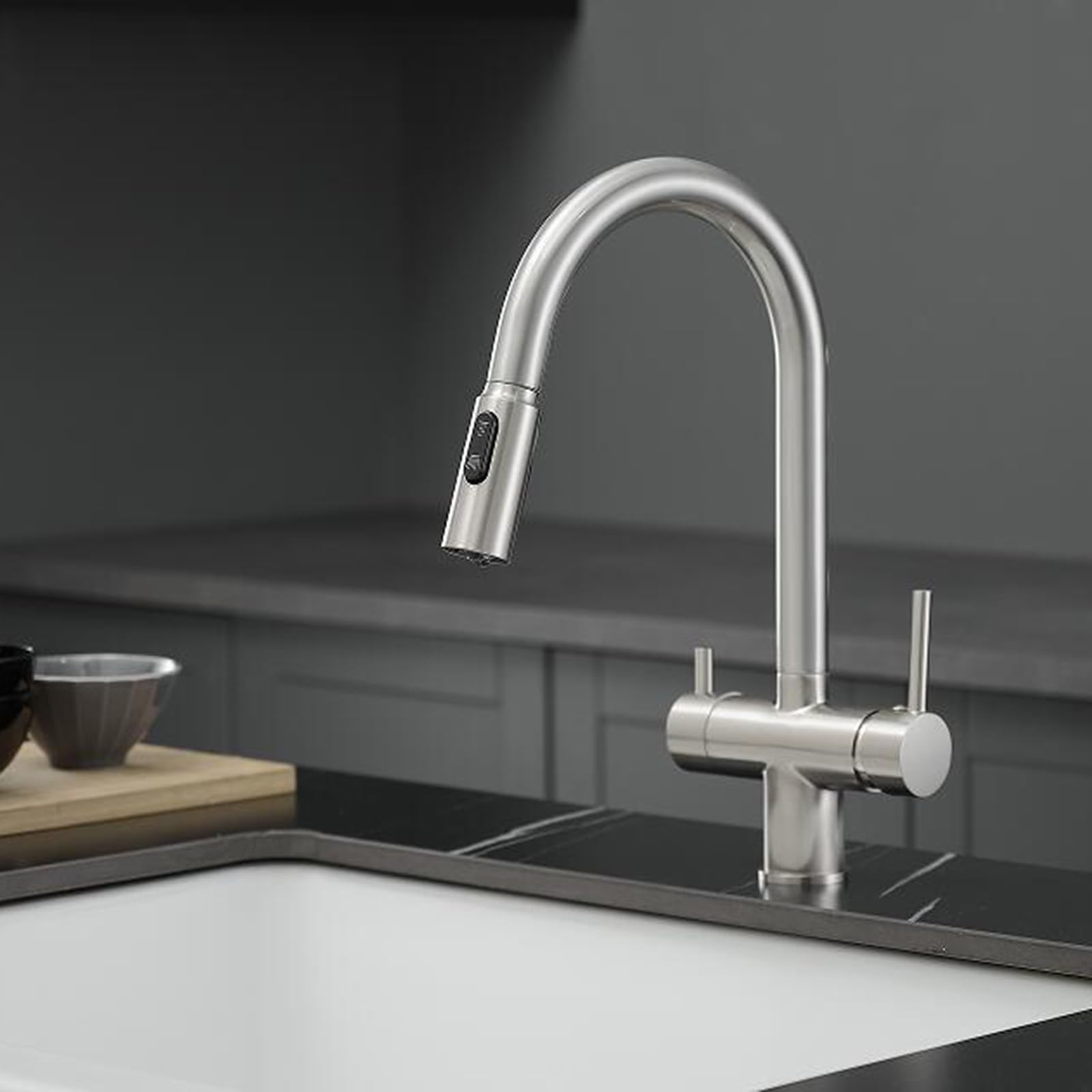 Grifo Cocina 3 Vias Osmosis Extraible Doble Manija Giratorio Latón Grifo 3 Vias Extensible-Cepillado