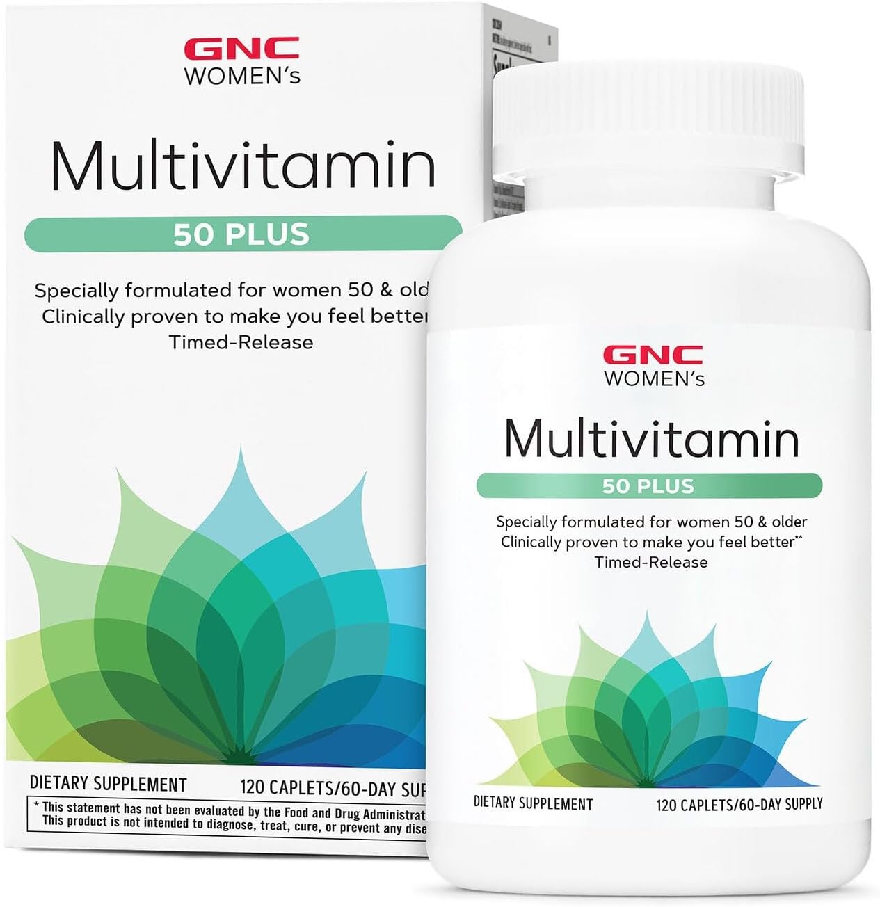 GNC Women’s 50 Plus Multivitamin Caplets, Clinically Proven to Feel Better, Vitamin D-3, Immune, Strong Bones, Memory, Mental Sharpness, Vision, Biotin, Timed Release, 120 ct, 60 svgs