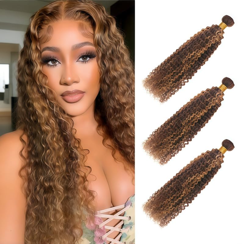 P4/27 Human Hair Curly Bundles 20 22 24 inch 12A Brazilian Virgin Ombre Hair Blonde and Brown Curly Human Hair 3 Bundles for Women P4/27 Color