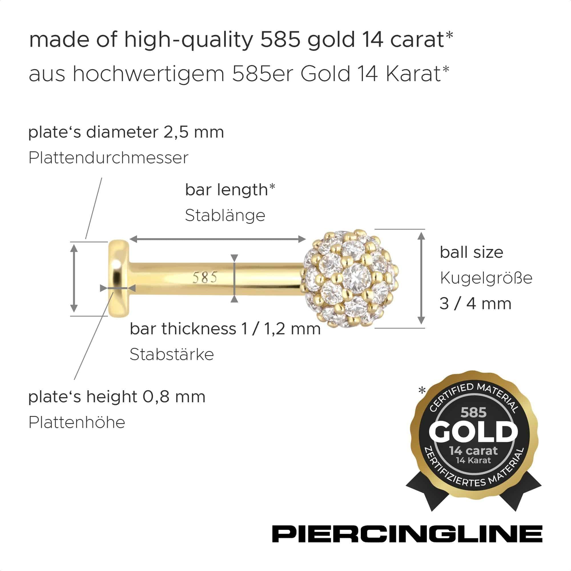 PIERCINGLINE Piercing Stecker 14 Gold Labret mit Innengewinde MULTI-MOISSANIT 585er Gold - Roségoldfarben, Goldfarben, Silberfarben