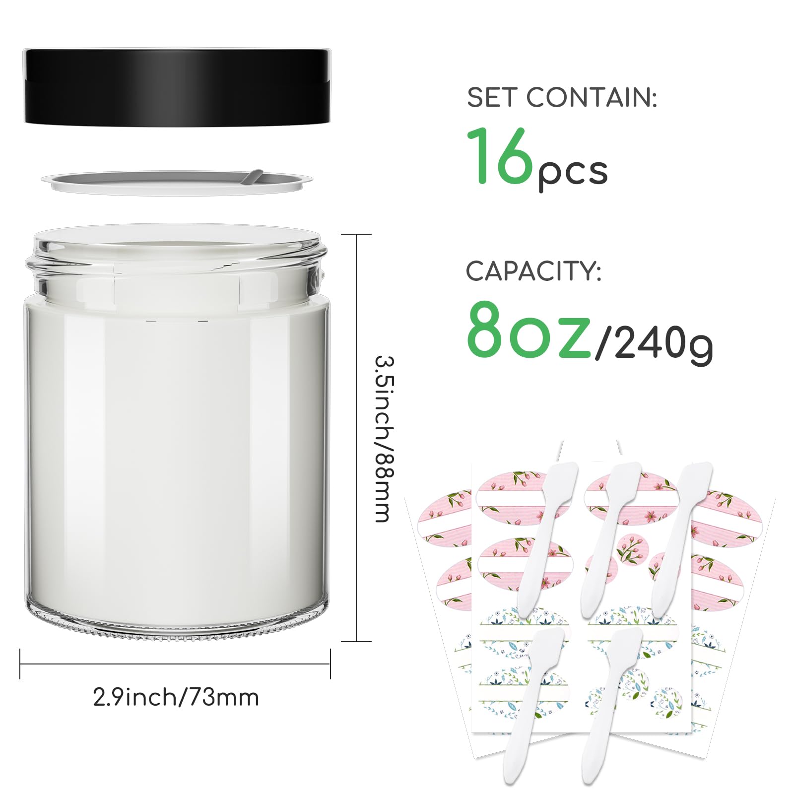 Tarros de vidrio transparente de 8 onzas con tapas negras, paquete de 16 tarros de cosméticos vacíos con forro interior, tarros redondos recargables para crema, pomadas, maquillaje, fabricación de