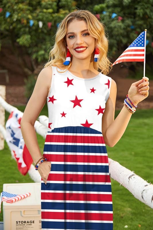 For G and PL 4th of July High Waisted Patriotic Sundress with Pocket Womens Sleeveless Tank Maxi Dress Star & Stripe L - Image 2