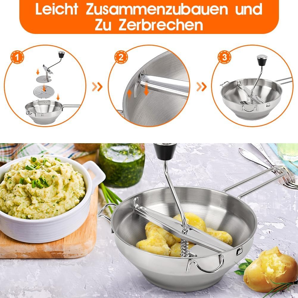 Pasapures Acero Inoxidable, Molinillo De Verduras Manual Machacador De Patatas Pasapurés con 3 Colador Fino para Mermeladas, Purés De Verduras