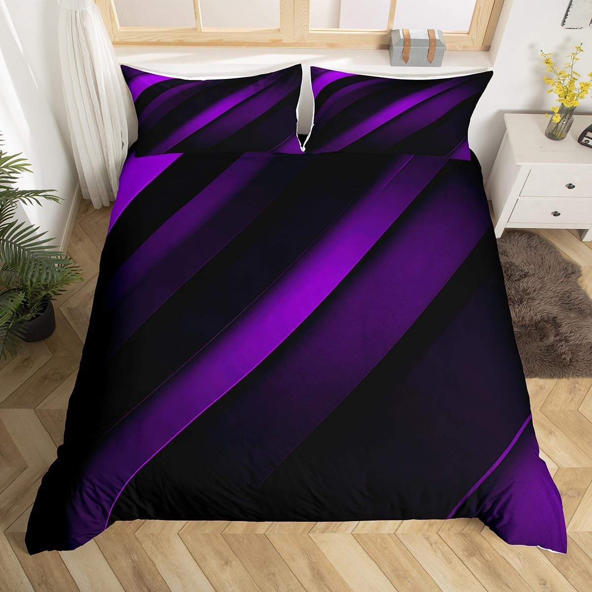 Purple Black Stripes Bedding Set,Neon Gradient Duvet Cover for Kids Teens Girls,Geometric Abstract Comforter Cover Decorative Room,Modern Design Quilt Cover with 2 Pillowcases,King Size(No Comforter)