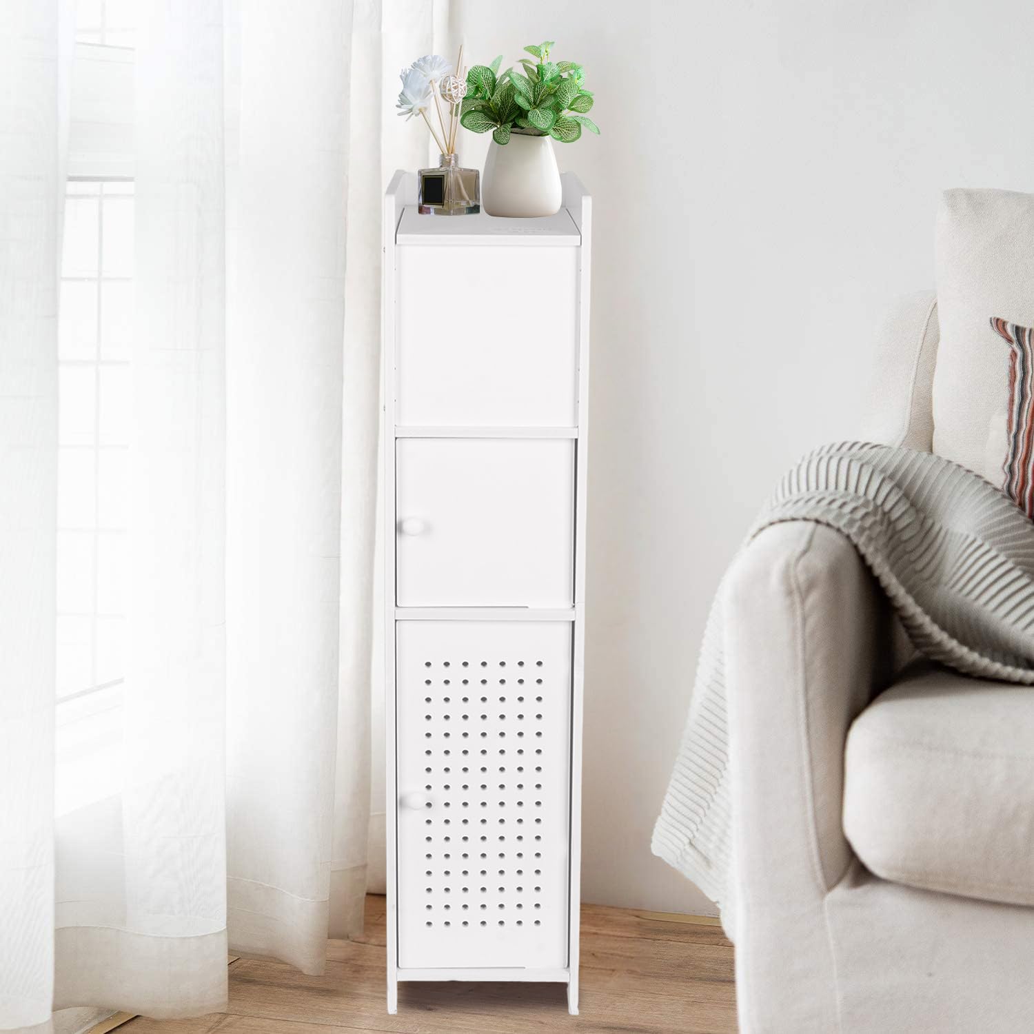 powerking Soporte para papel higiénico, pequeño armario de almacenamiento de baño blanco con puertas, armario de almacenamiento de baño delgado para espacios pequeños de esquina en el suelo