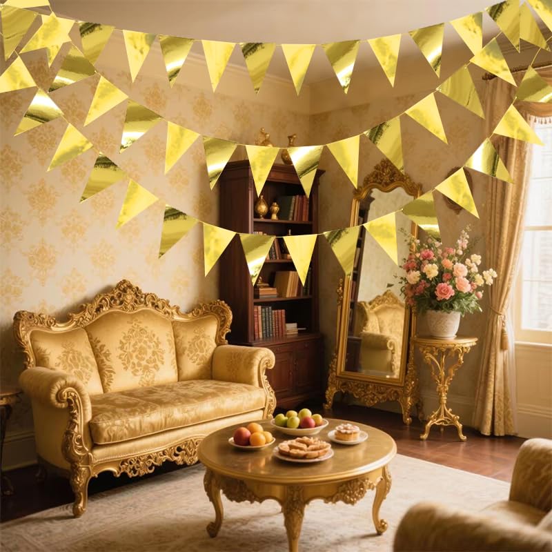 Image of Gold Hanging Triangle Flag Pennant Garland Gold Hanging Paper Pennant Streamer Paper Triangle Flag Bunting Banner for Graduation Wedding Engagement Birthday Party Decorations 30 Feet