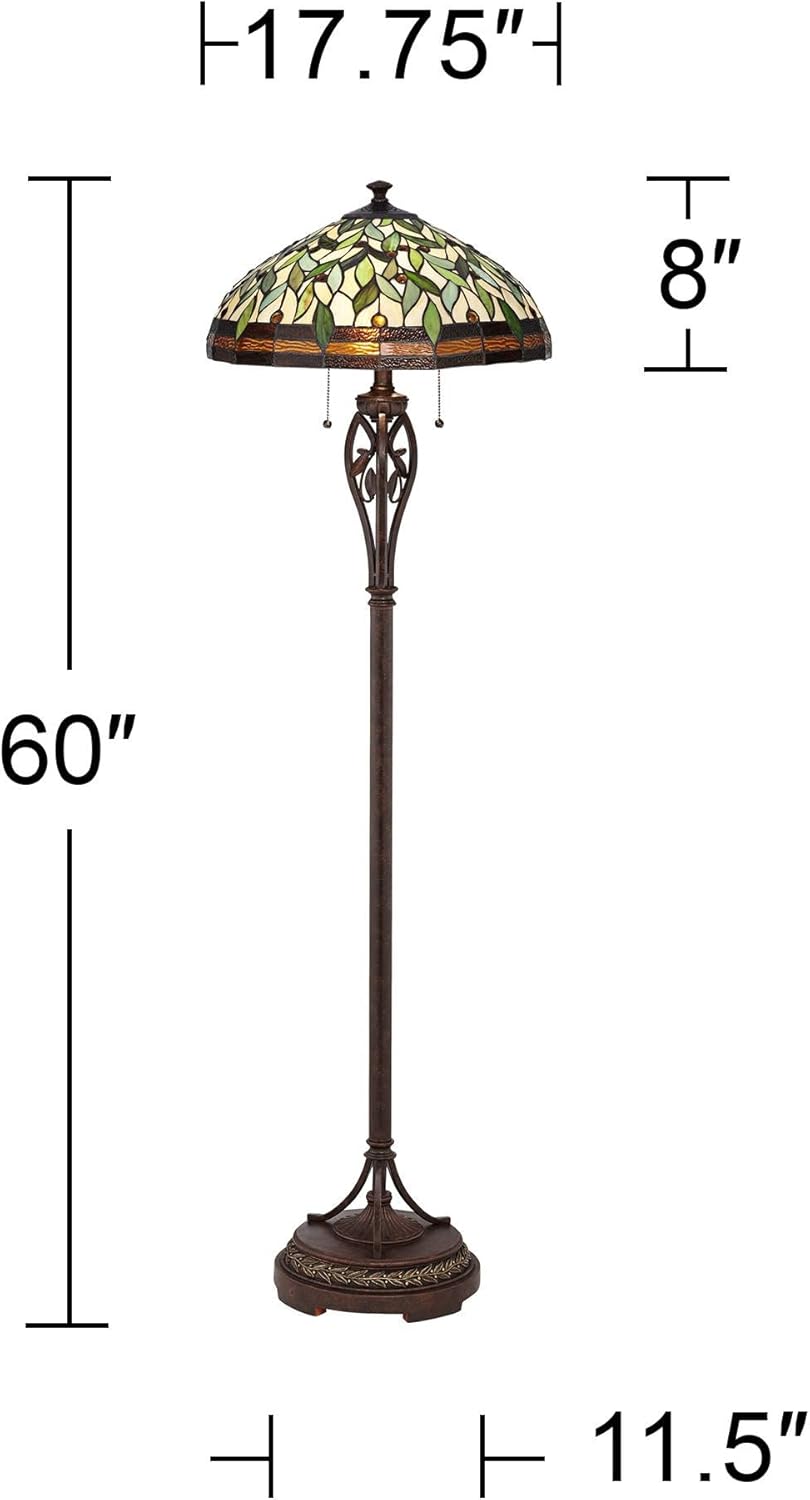 Robert Louis Tiffany Leaf and Vine II Traditional Victorian Tiffany Style Floor Standing Lamp 60" Tall Bronze Gold Amber Green Stained Glass Dome Shade Cottage Core Decor for Living Room Reading