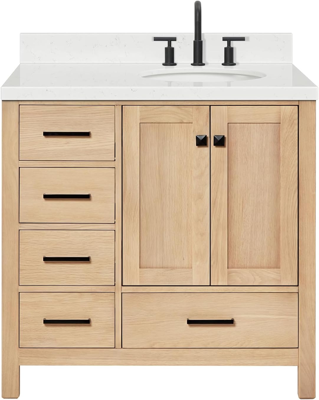 ARIEL Cambridge 36-inch Bathroom Vanity with Sink,Solid Wood, 1.5-inch Carrara White Quartz Countertop & Backsplash, Single Oval Porcelain Sink, 2 Soft Closing Doors, 5 Dovetail Drawers, White Oak