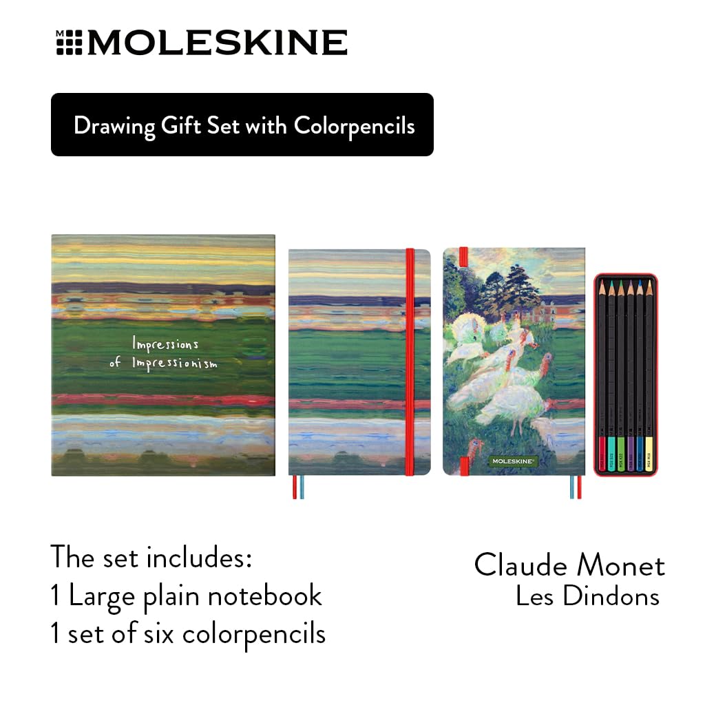 Moleskine Bundle Impressionismus Notizbuch limitierte Ausgabe, L/A5, fester Einband, 6 Wasserfarben-Graphitstifte, wiederverwendbare Geschenkbox