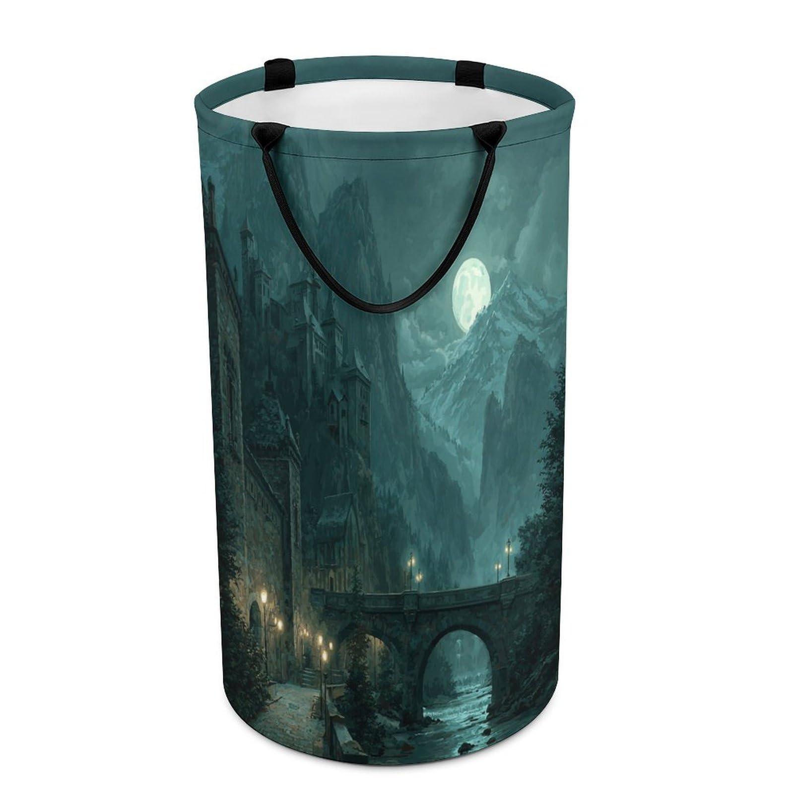 LUYYSKY Classic Realistic Misty Castle Collapsible Dirty Clothes Basket, Oil Painting Halloween Full Moon Gothic Mid Century Castle Portable Clothes Storage Basket