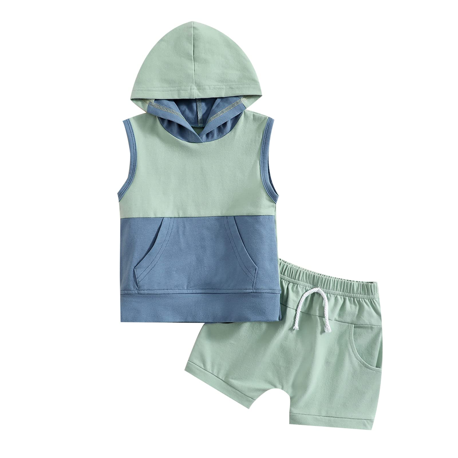 FYBITBO Toddler Baby Boys Shorts Outfits Hoodie Sleeveless Tank Top Shirt Shorts Clothes 2Pcs Boy Summer Clothing (Blue Green Block,0-6 Months)