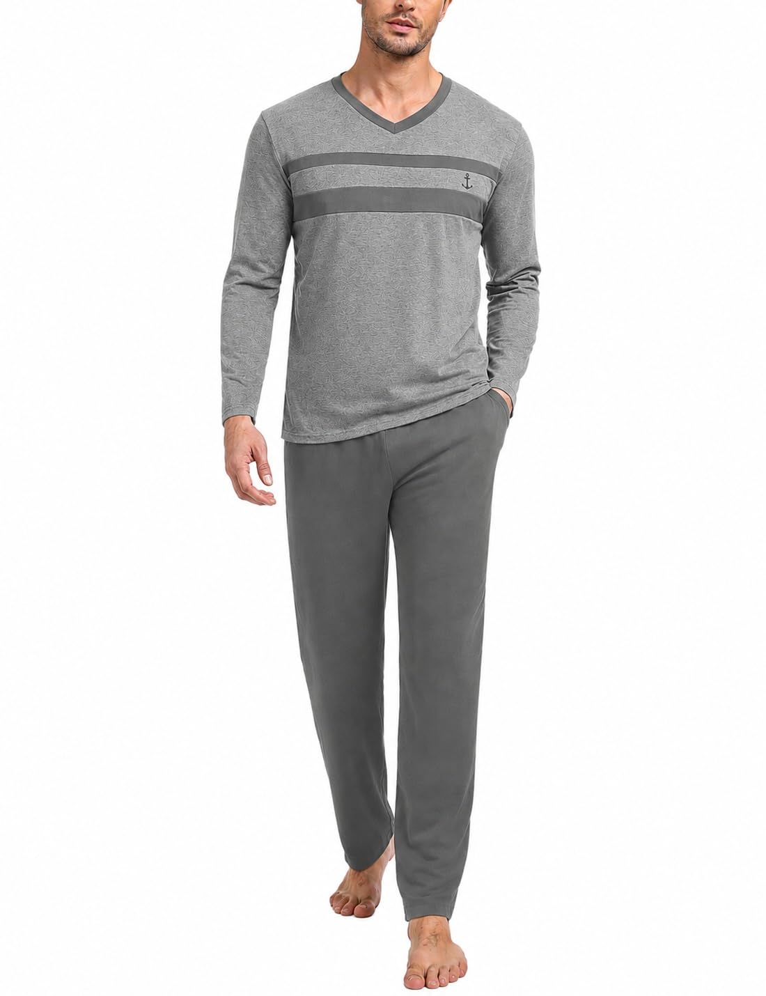 Nieery Schlafanzug Herren Lang Winter Pyjama Set Baumwolle Langarm V-Ausschnitt T-Shirt Schlafanzughose Pyjamahose mit Tasche