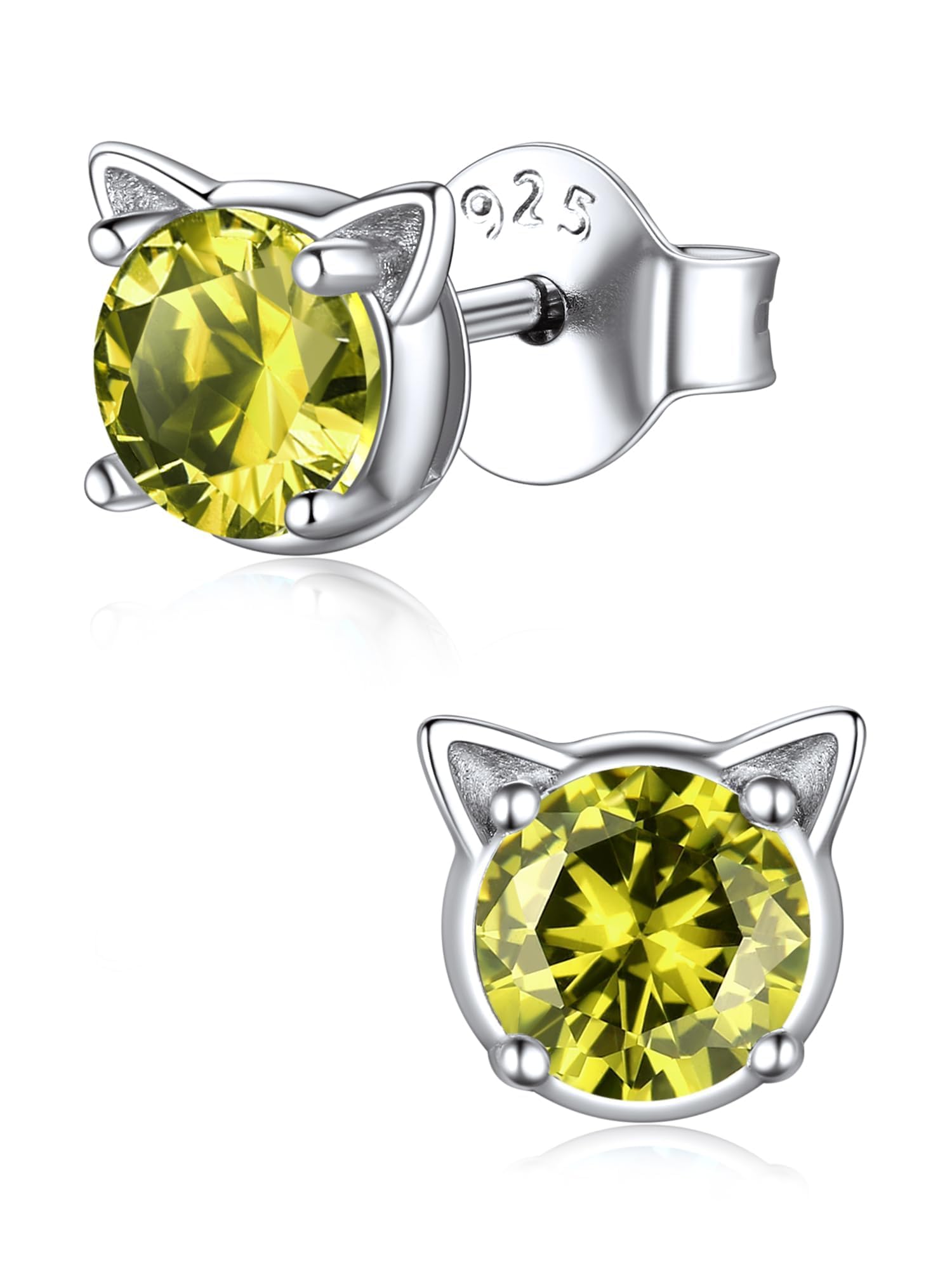 ChicSilver Cute Cat Earrings for Women - Hypoallergenic Sterling Silver Round Birthstone Cat Stud Earrings with Gift Box