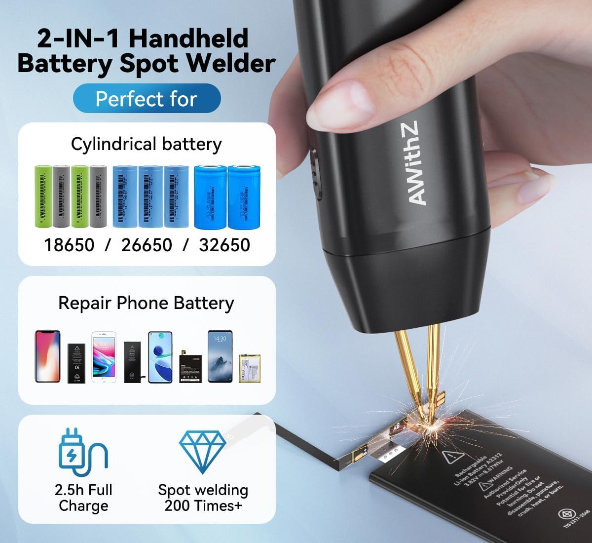 Close-up of the AWithZ H2 Spot Welder's OLED display showing various settings like temperature, mode, preheat, and trigger time.