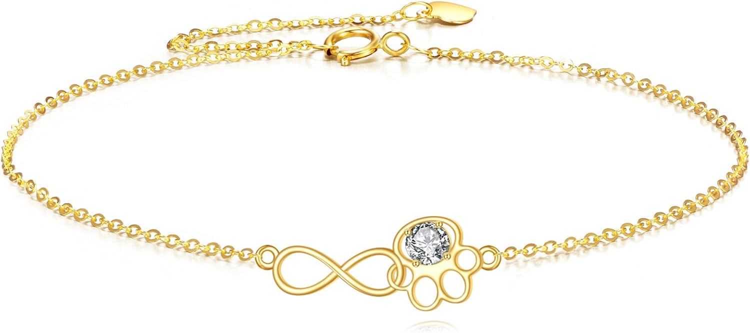 DOVRAN 14K Real Gold Paw Print Bracelet for Women Solid Yellow Gold Animal Lover Jewelry Birthday Gifts for Wife Mom Friends