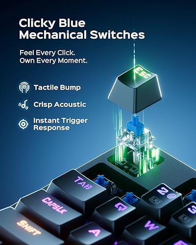 Miniatura 2 de Teclado mecánico para juegos con interruptor azul, teclado con cable retroiluminado RGB de tamaño completo de 104 teclas (11 modos, anti-fantasma,