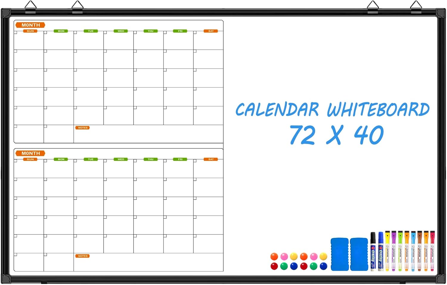 Large Magnetic Dry Erase Calendar Whiteboard Combo 72" x 40", 2 Month Whiteboard Calendar & Dry Erase Board for Wall, Wall Mounted Board with 2 Erase, 10 Marker, 12 Magnet