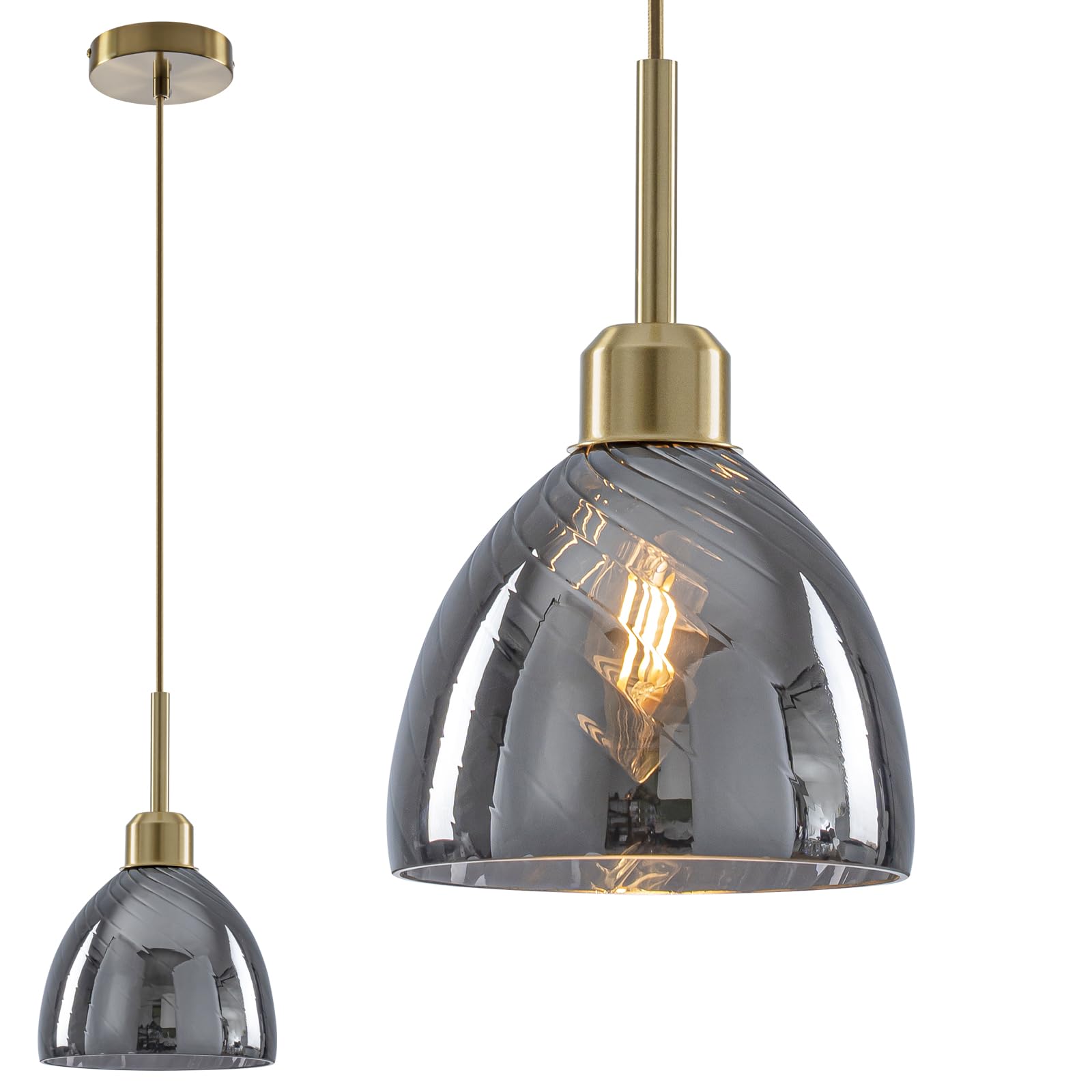 WILON Vintage Pendant Light, Conical Grey Light Shade Ceiling, Glass Lampshade, Adjustable Industrial Ceiling Lights