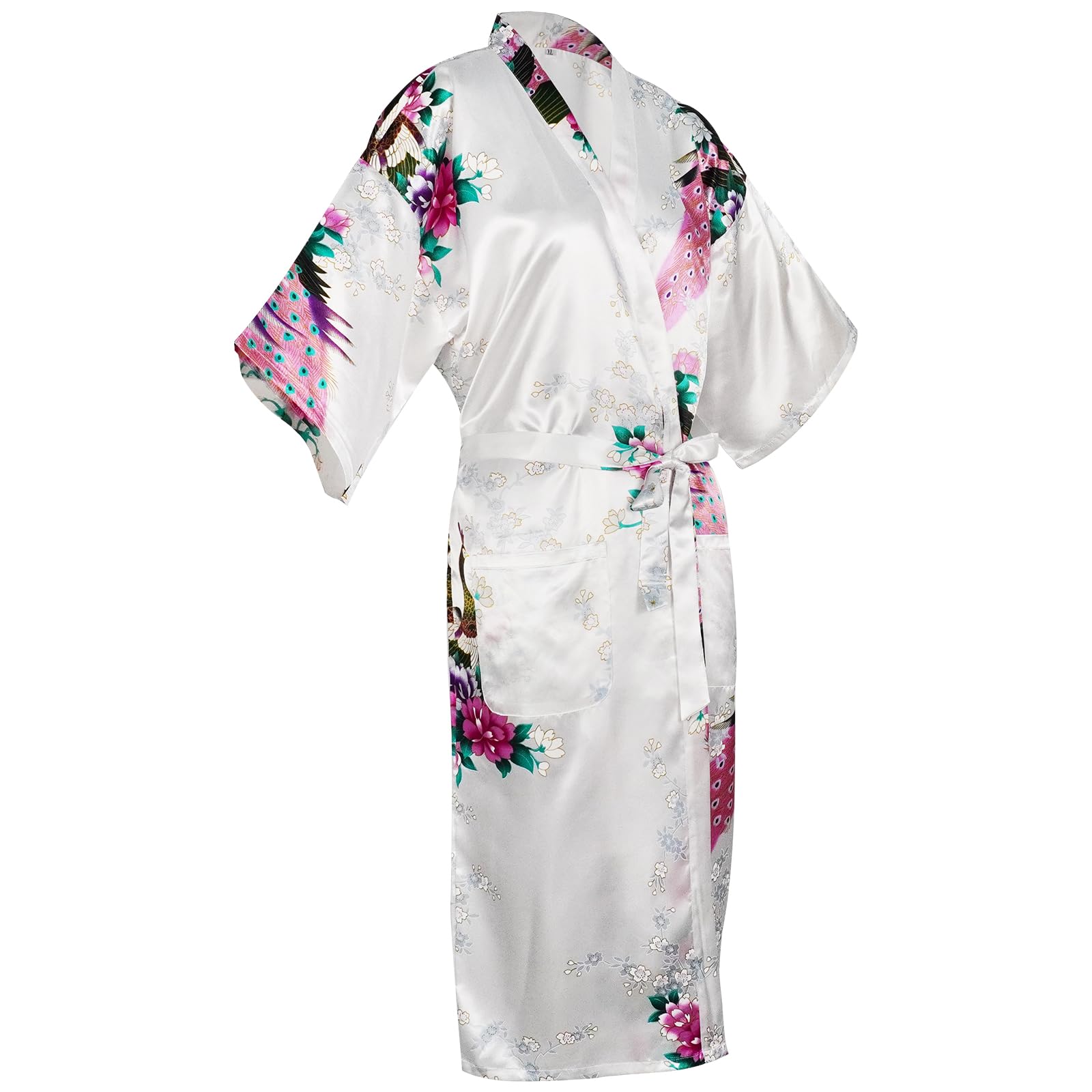 Robe Kimono Japonaise pour Femmes, Japonais Traditionnel Yukata Femme, Paon Peignoir, Masque Kimono Eventail à Main Ensemble de Chaussettes