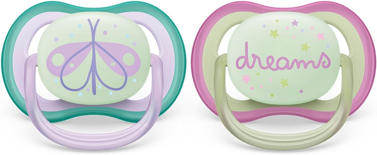 AVENT Ultra Air Nighttime Soothers - Pack of 2, BPA-Free, Breathable, Glow in the Dark Pacifier for Babies from 0-6 Months, Includes Transport and Sterilisation Box