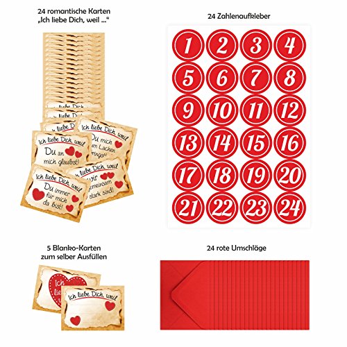 Adventino Adventskalender mit 24 Karten Ich Liebe Dich, Weil in 24 roten Umschlägen für Männer, Frauen, Paare