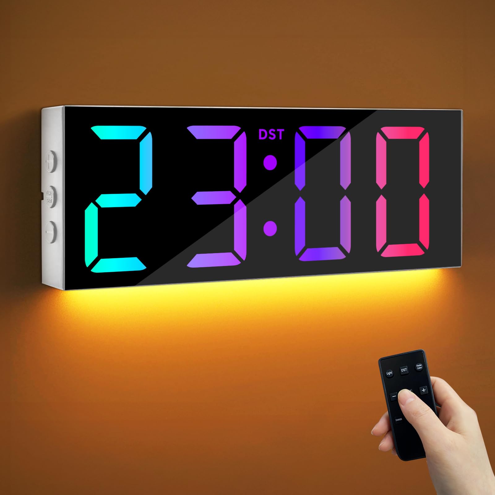 Maxstar 12'' Large Digital Wall Clock with Remote Control, Big LED Screen Display, 8 RGB Color, DST, Modern Night Light Desk Clock Decor for Living Room,Bedroom,Office, Classroom, Study Room- White