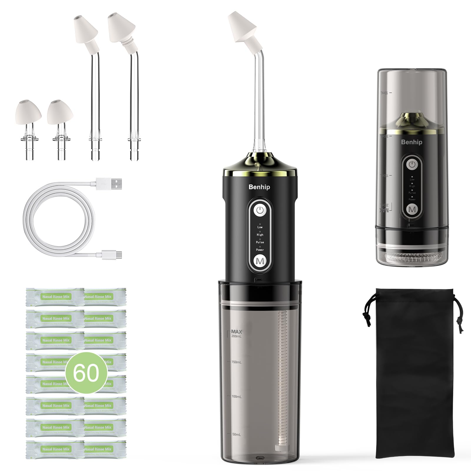 Electric Neti Pot Sinus Rinse, Cordless Nasal Irrigation System Foldable Nasal Rinse Bottle Decongestant Relief IPX7 Waterproof with 60 Saline Packets, Snoring Remedy