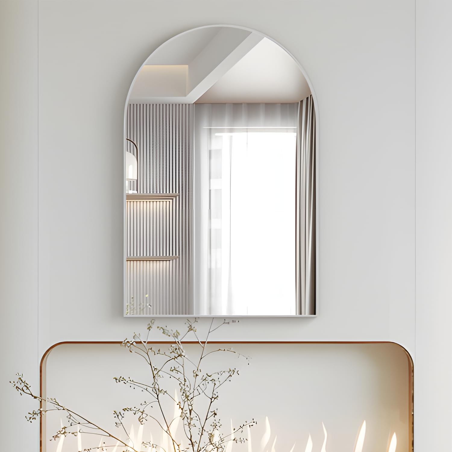 Gewölbter Wandspiegel für Badezimmer, 50x 75 cm gewölbter Spiegel, Silber Wandspiegel mit Metallrahmen, Schminkspiegel Dekoration für Kaminsims, Schlafzimmer, Eingangsbereich