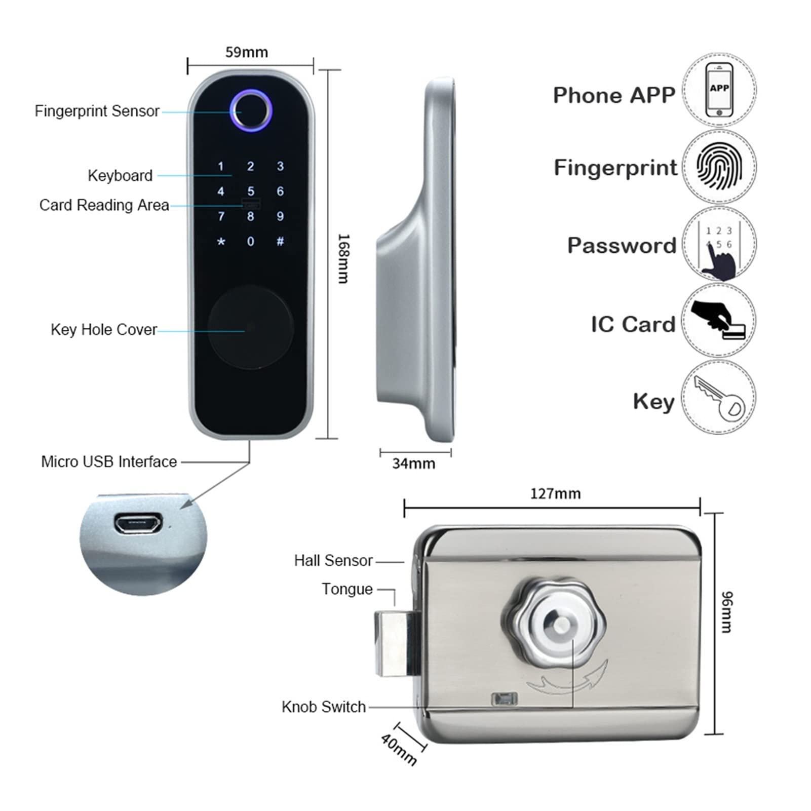 Inteligentny zamek do drzwi, Blokada drzwi odcisków palców elektroniczny inteligentny telefon homePassword App Odblokuj wsparcie SmartLife/Lock Hotel Metal Gate(TTlock Silver)