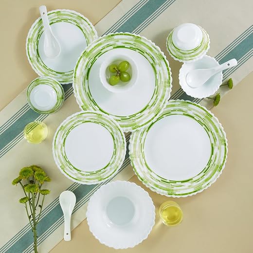 Larah by Borosil Aura Silk Series Opalware Dinner Set | 35 Pieces for Family of 6 | Microwave & Dishwasher Safe | Bone-Ash...