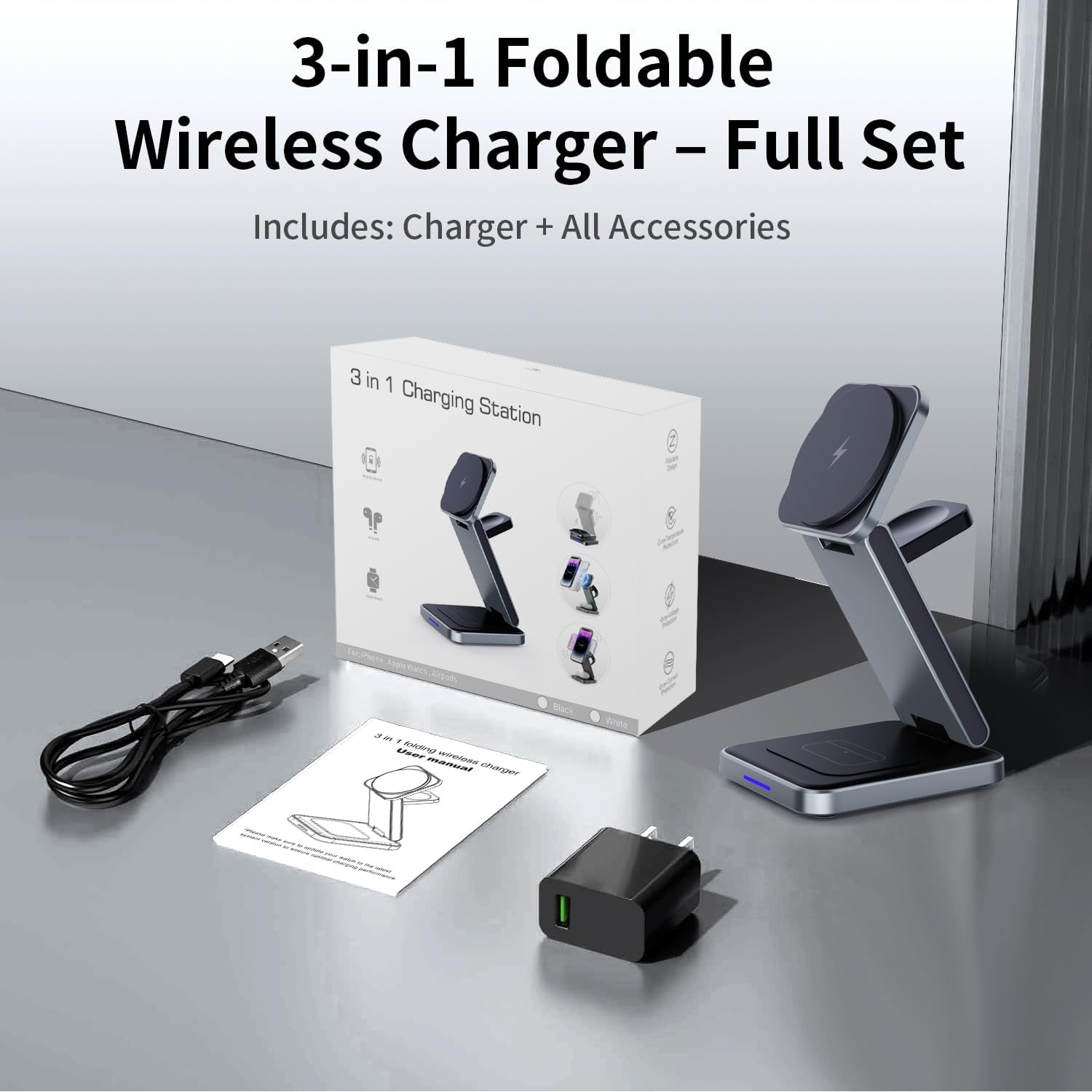 3 in 1 Magnetic Wireless Charger Station for iPhone 17/16/15/14/13/12 Series Mag-Safe Charging Station for Apple Watch Series 11-2/Ultra2/1/SE Foldable Wireless Charger for AirPods 4 3 2 1 Pro