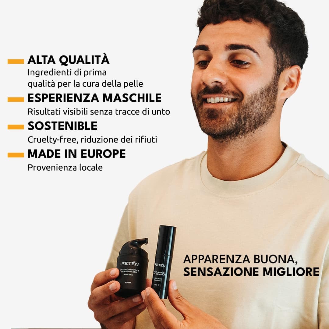 FETEN Crema Viso Uomo e Contorno Occhi Anti Occhiaie e Borse - Skincare Kit Antiage Uomo - Creme Antirughe Idratante con Acido Ialuronico - Set Bellezza Regalo per la Cura della Pelle
