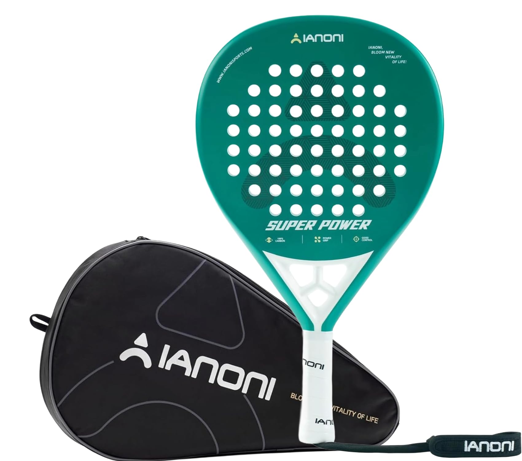 ianoni Racchetta da padel in fibra di carbonio con nucleo in schiuma EVA Memory Flex+borsa per il trasporto - Super Power Green