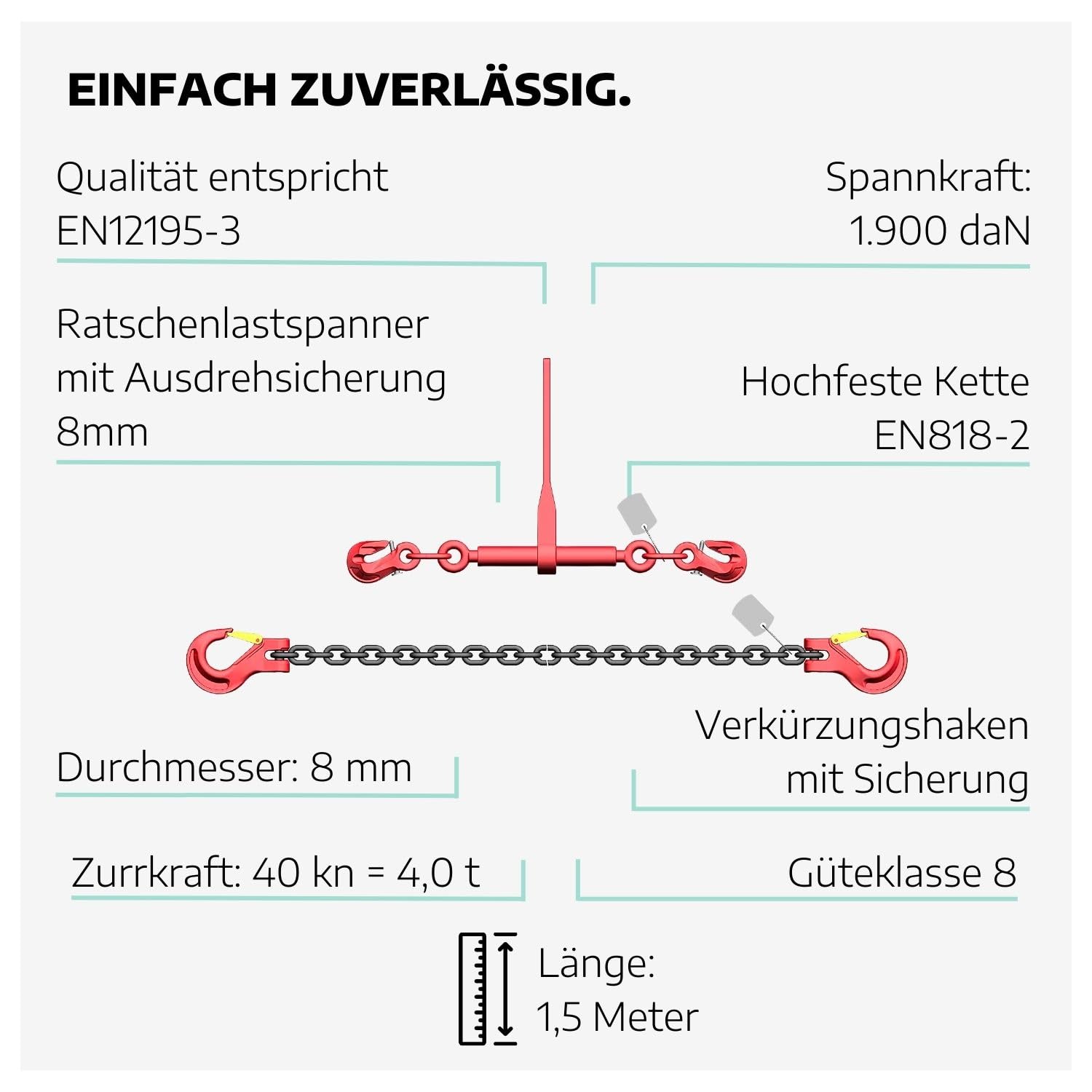 Zweiteilige Zurrkette 8 mm GK8 mit Ratschenlastspanner I langlebige Zurrkette für Bagger mit Ratsche I Sicherheitsgeprüfte Zurrkette für Bagger I Bagger-Zurrkette 1,5 m lang