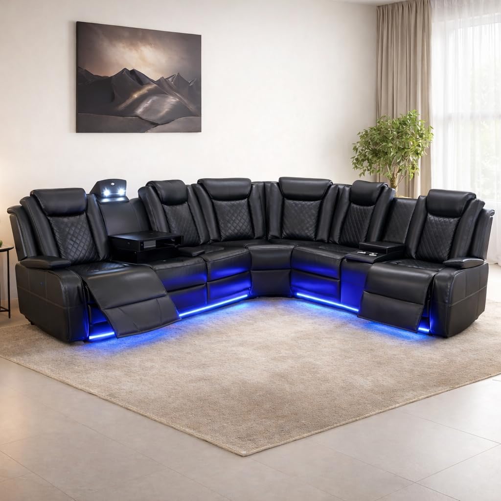 Power Recliner Living Room Set with LED, Breathing Leather Reclining Sectional Sofa Couches for Home Theater with Cup Holder, Storage Consloe, USB Charge