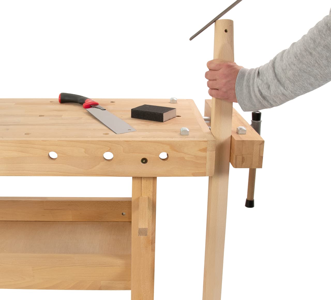 HEMMDAL Hobelbank | 400 kg Tragkraft | HxBxT 83 x 140 x 50 cm | 1 Schraubstock | aus Buchenholz | massiver Arbeitstisch mit Kufenfüßen | schmutzresistente Öl-Versiegelung | Werktisch | Werkbank