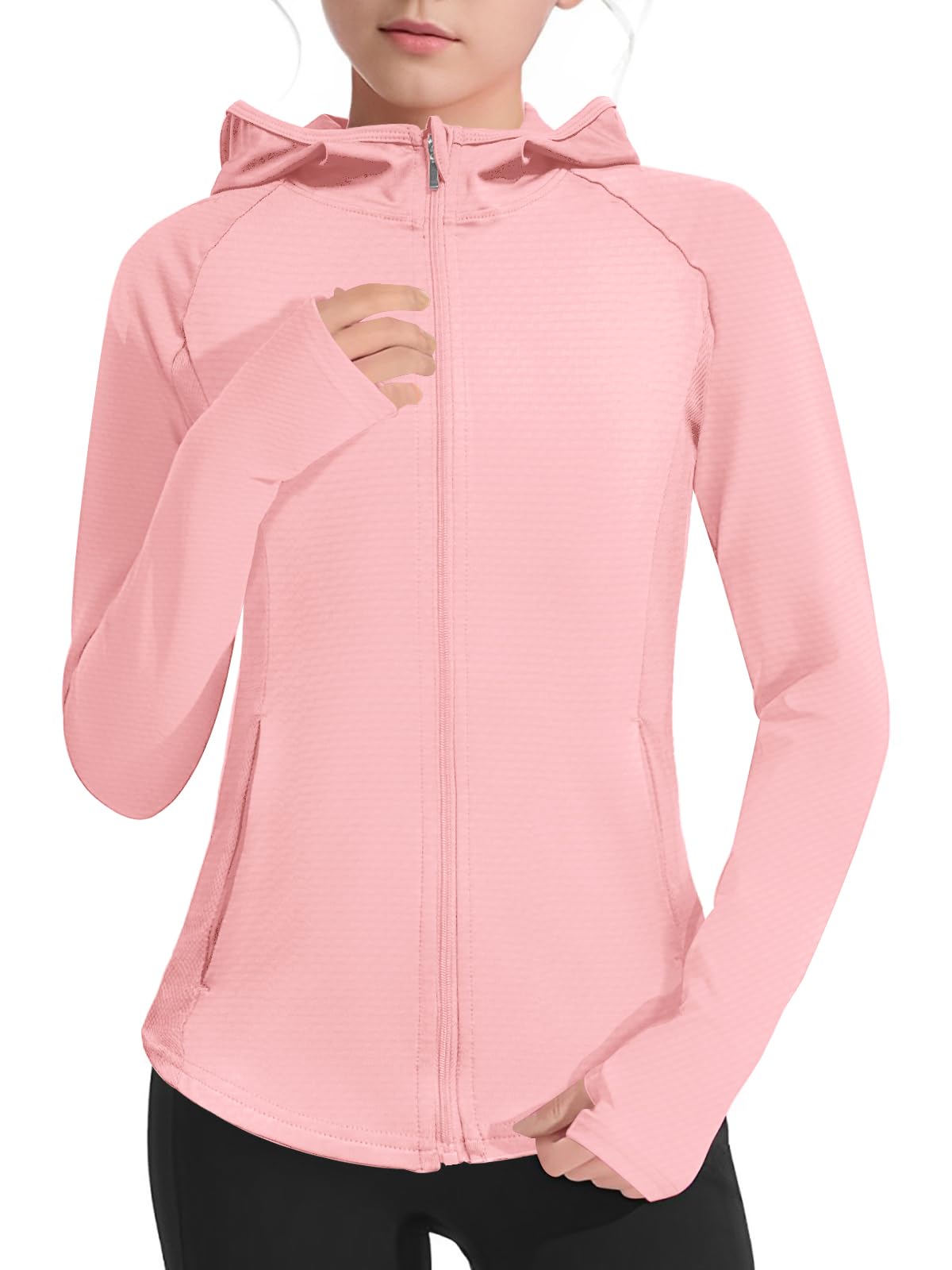 Leichte Jacke für Mädchen, langärmelig, Reißverschluss, athletischer Kapuzenpullover, LSF 50+, Angeln, Wandern, Sonnenschutz