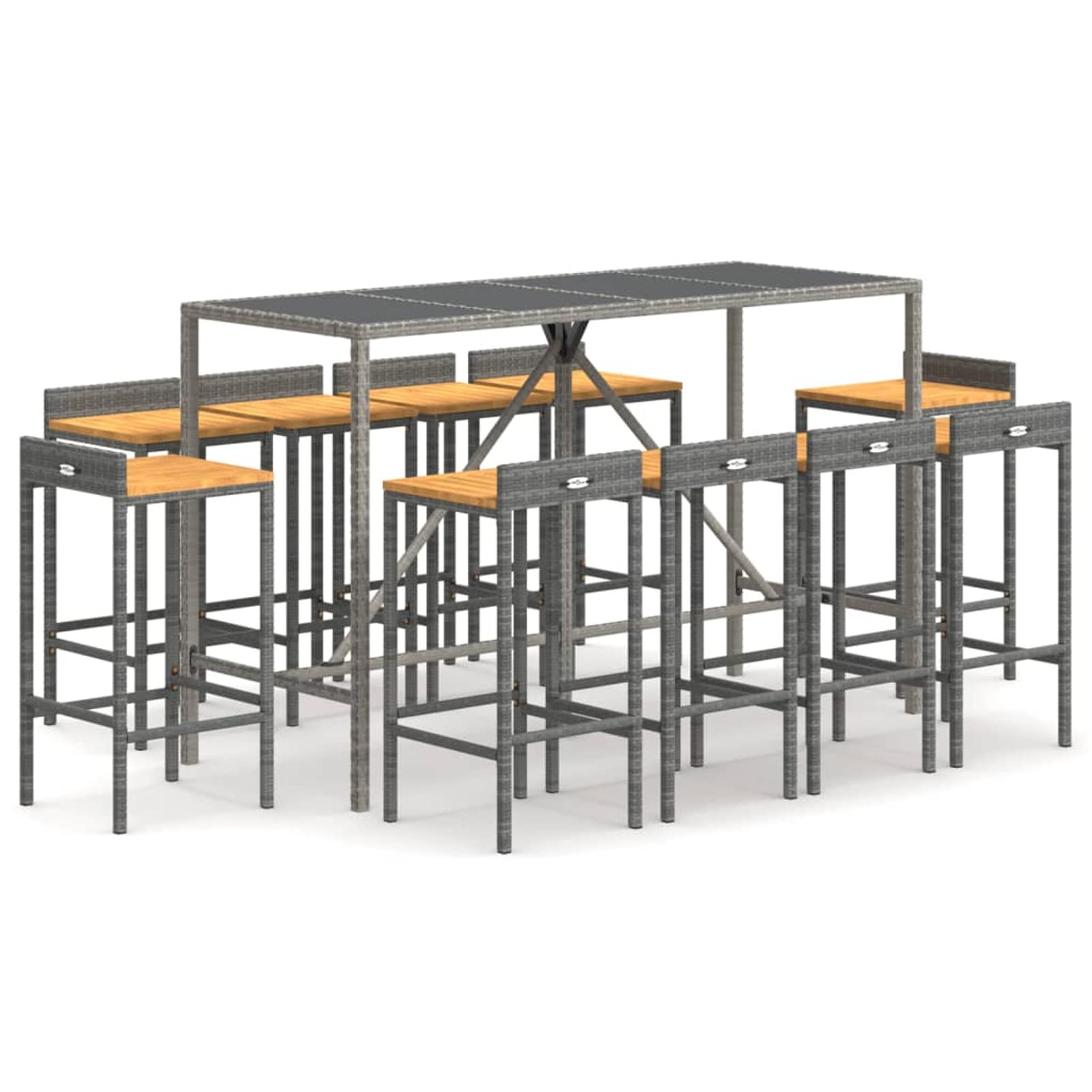 Juego de bar de jardín de 11 piezas, ratán sintético gris y madera maciza de acacia, juego de comedor de jardín, juego de muebles de exterior, mesa y sillas de jardín, terraza para patio y bistró 11