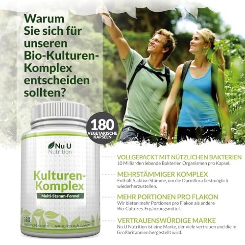 Kulturen Komplex Probiotika Darmsanierung - 180 Kapseln - 6 Monate Vorrat - Hochdosierte BacterienKulturen mit Lactobacillus Acidophilus & Bifidobacterium - Nu U Nutrition