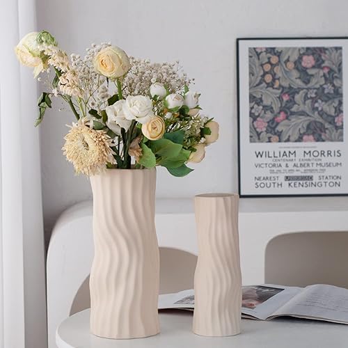 Ceramic Vases for Flowers, 10.7" and 9" Modern Large Decorative Flower Vase for Home Decor, Neutral Farmhouse, Minimalist Rustic Centerpieces, Living Room, Pampas Grass, Mantel, Book Shelf and Table