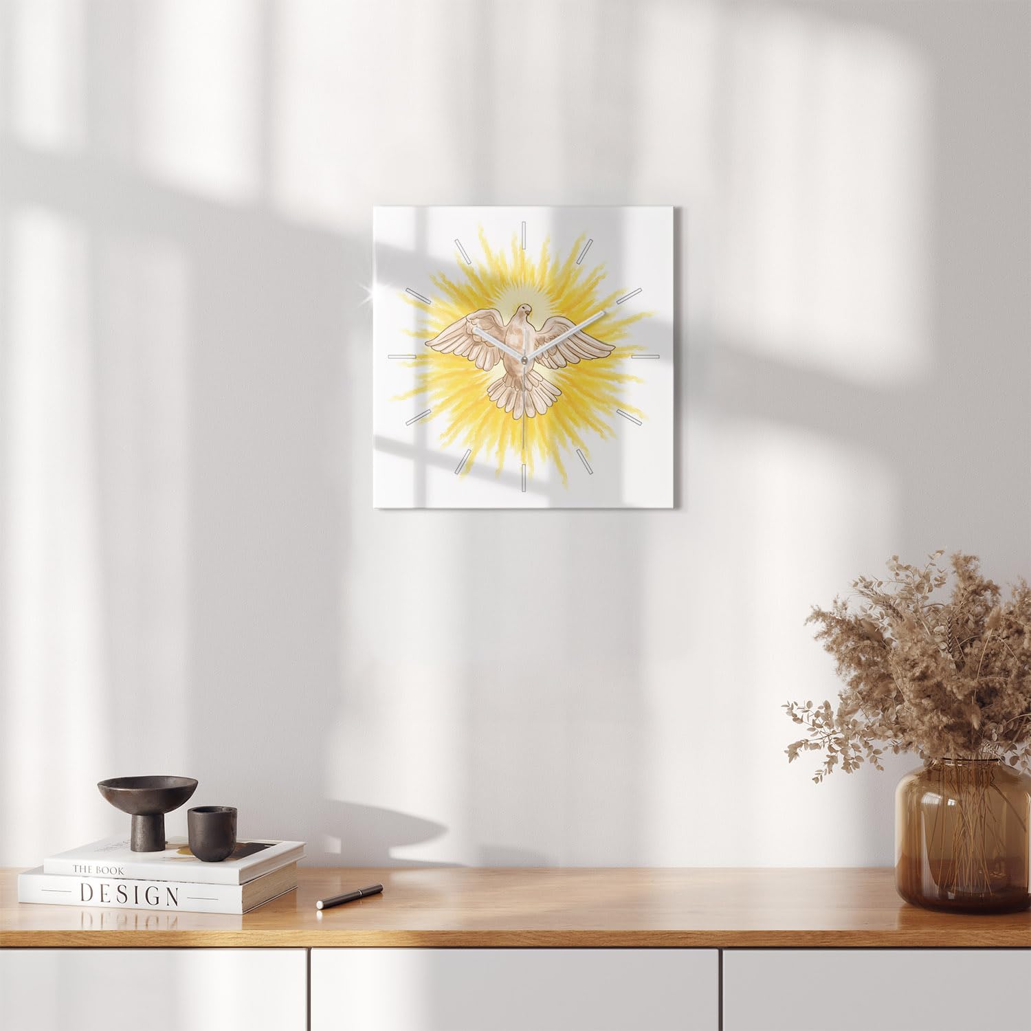 Sacroarte 30x30cm Funcionamiento silencioso Reloj de Vidrio Biblia Fe Manecillas de Reloj Blancas - Gráficos de la Paloma del Espíritu Santo