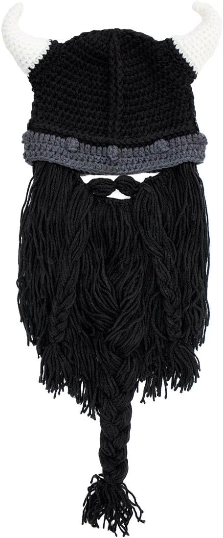 Beard Head Viking Pillager - Original Handmade Knit Viking Horn Helmet and Removable Braided Brown/Black Beard