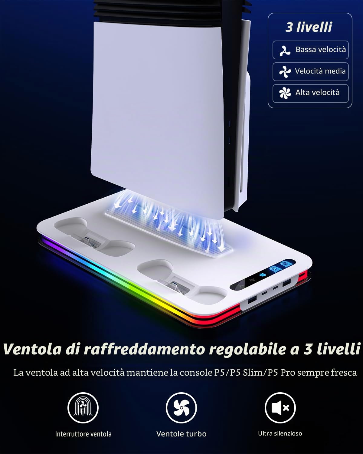 Supporto per PS5/PS5 Slim/PS5 Pro, P5 Verticale Supporto di Raffreddamento con 3 Livelli di Velocità e 8 Luci RGB P5 supporto Verticale con Caricatore Controller PS5, 6 Slot per Giochi
